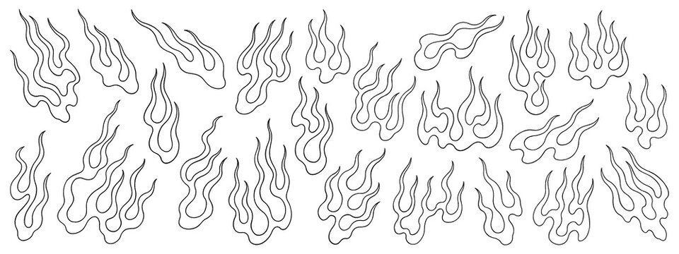 Hand-drawn Japanese style fire line drawings isolated on a transparent background