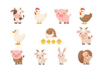 Fototapeta premium Cute cartoon farm animals including cow, chicken, pig, duck, and goat. Perfect for educational materials and children's illustrations.