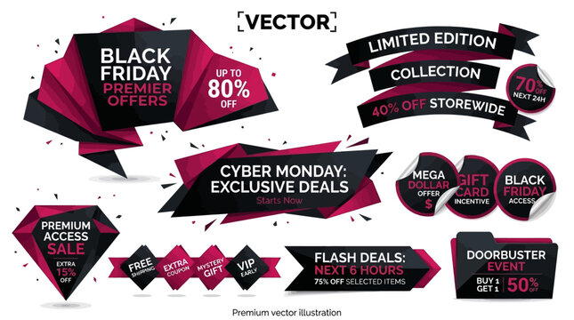 Dynamic collection of modern geometric vector promotional banners, labels, and discount tags for shopping events and exclusive offers