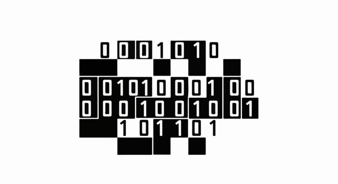 Abstract composition of binary code characters in black squares on white