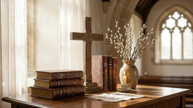 Wooden cross with biblical books and pussy willow branches on a table, Easter, Palm Sunday and Candlemas religious concept, prayer, Lent and faith in God still life, elegant church holiday atmosphere,