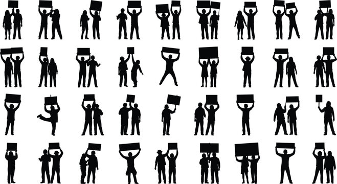 People Silhouette Set Holding Blank Protest Signs, Crowd Demonstration and Activism Concept Vector Illustration for Social Movement, Marketing, Advertising, and Political Campaign Design