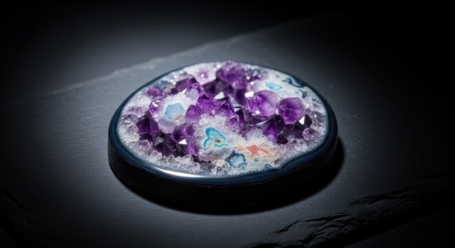 Vibrant polished amethyst geode slice showcasing intricate crystal formations and natural patterns on a dark textured surface