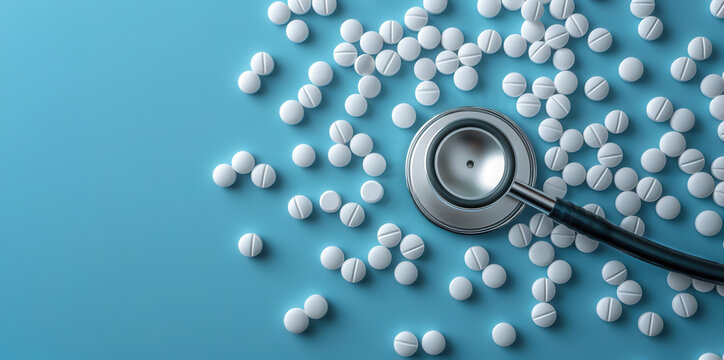 Healthcare flat lay featuring diagnostic stethoscope and medicine pills for treatment wellness and clinical care concepts