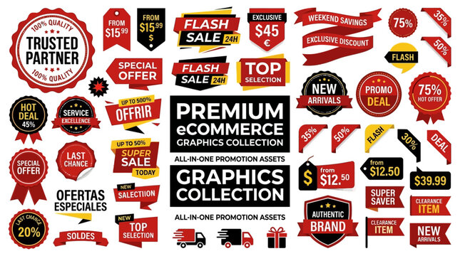 Collection of premium graphics featuring promotional offers, sales, and discounts for businesses and marketing