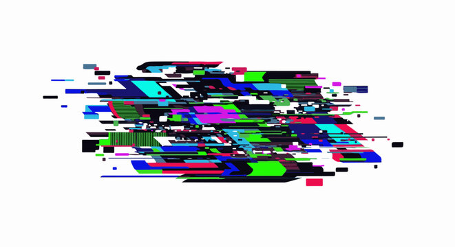 Abstract digital art with glitch effects, vibrant colors, sharp edges, and geometric fragmentation
