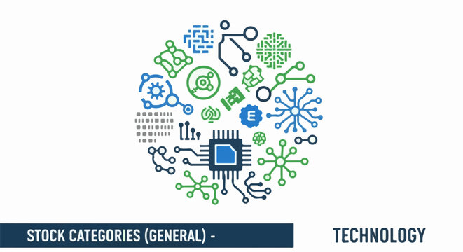 Abstract circular arrangement of technology icons chip, circuits, gear, data, and networks