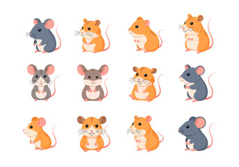 Fototapeta premium Cute cartoon mice and hamsters set in various poses and colors, perfect for children's books, educational materials, and animal-themed designs