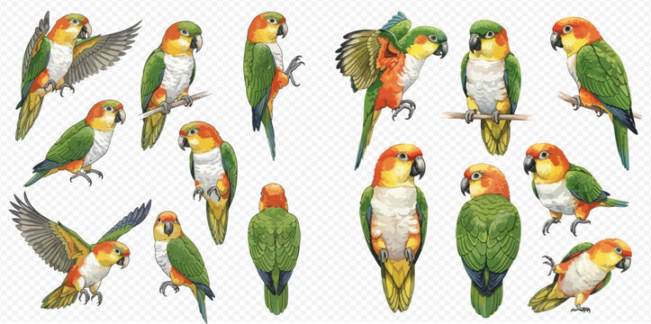 Collection of colorful sun conure parrots in various poses on a transparent background.
