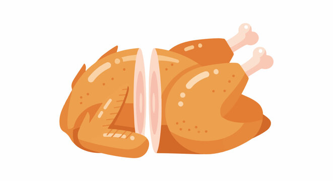 A visually appealing cartoon illustration of a cooked chicken split in two