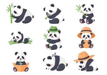 Naklejka premium Cute cartoon pandas in various poses with bamboo, perfect for children's media and fun illustrations.