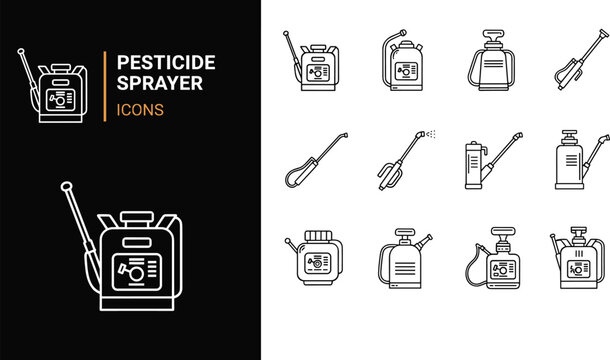Pesticide sprayer icons set with backpack and hand sprayers nozzles and tanks, clean outline style agriculture pest control equipment vector design collection