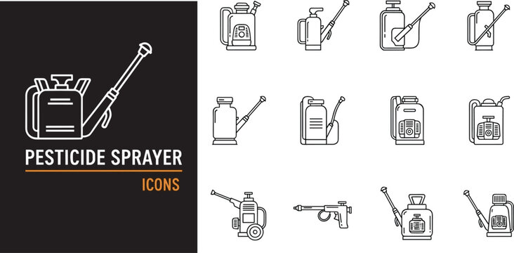 Pesticide sprayer icons set with backpack and hand pump sprayers nozzles and tanks, clean outline style agriculture pest control equipment vector collection
