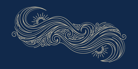 Abstract Tribal Wave Illustration with Polynesian Patterns and Sun Elements on Dark Blue Background © Dumai777