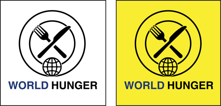 World Hunger Icon Set, Empty Plate with Fork, Knife, and Globe for Food Crisis and Charity Concept