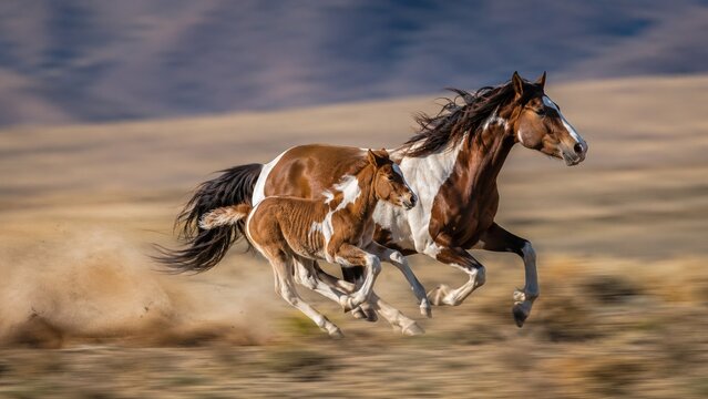 Wild paint horse mare and her foal galloping across a dusty prairie field. Dynamic action, blowing manes. Perfect for equestrian websites, western themes, and art prints.
