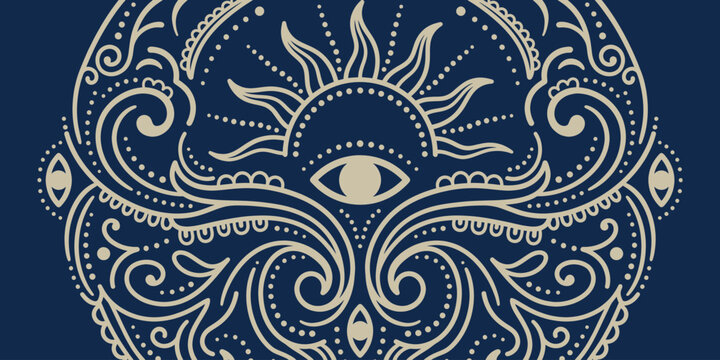 Celestial mystical sun and evil eye illustration with swirling bohemian patterns on dark blue background