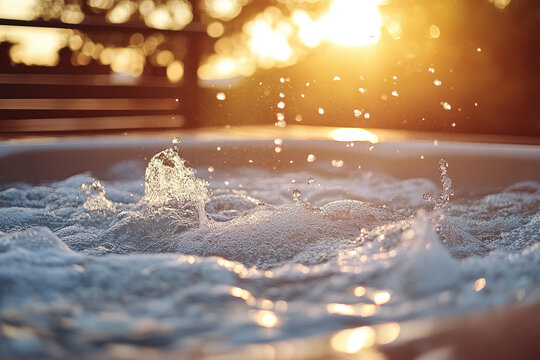 Bubbling water rises in a hot tub at sunset beside a luxury outdoor spa. Wellness, relaxation, hydrotherapy, and resort comfort define the evening lifestyle scene.
