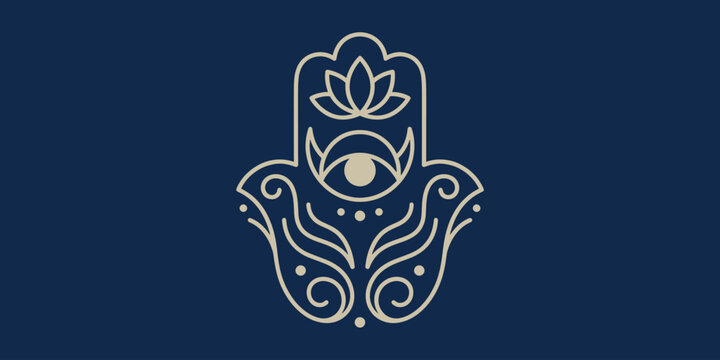 Gold Hamsa Hand Symbol with Evil Eye and Lotus Flower on Dark Blue Background