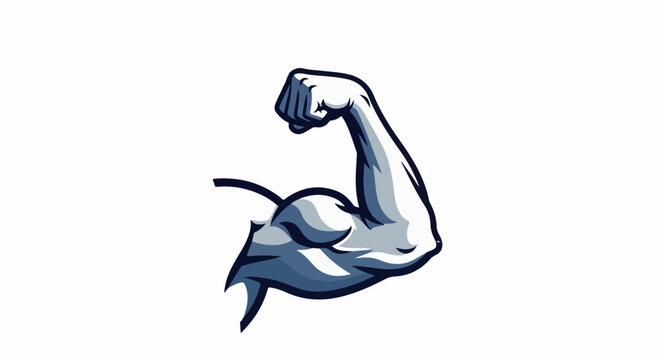 A stylized illustration of a flexed arm showing well-defined muscles in shades of blue