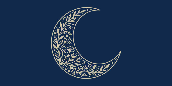 Decorative floral crescent moon with botanical vines and stars on a dark navy blue background
