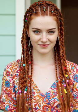 Young Woman with Red Braids and Colorful Beads, Smiling Portrait