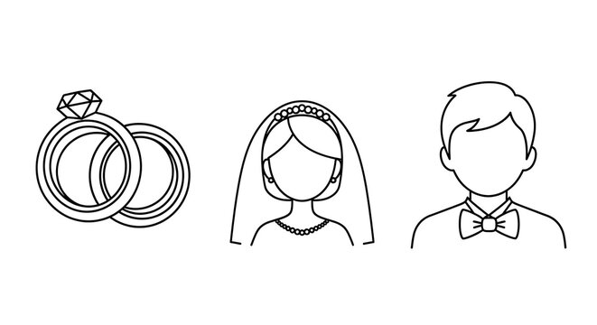 Minimalist wedding symbols: rings, bride, groom isolated on a transparent background, wedding rings minimalist, wedding bridal veil