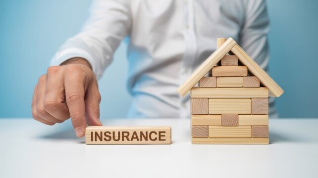 Hand Placing Insurance Block Near Wooden House Model Home Insurance and Property Protection Concept