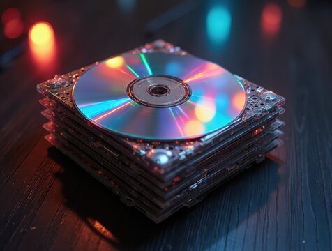 Stack of optical discs reflecting vibrant digital data