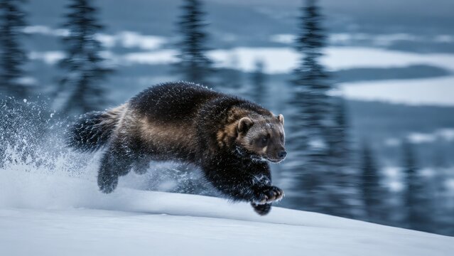 A highly detailed digital photograph of a wolverine running fast across the snow. This high resolution image has sharp focus and is perfect for wildlife articles and winter blogs.