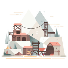 Fototapeta premium Underground mining scene icon. Layered excavation environment with tunnels, platforms, vehicles, structures, machinery, mountainous terrain, resource extraction operations below surface.