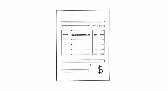 A stylized line drawing of a financial document with fields and a dollar sign