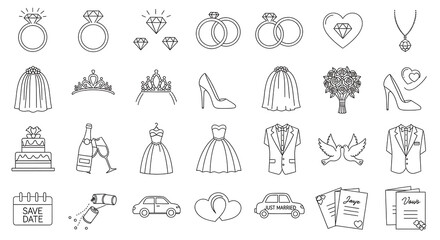 Obraz premium Wedding-themed for planning symbols and motifs isolated on a transparent background, wedding engagement symbols