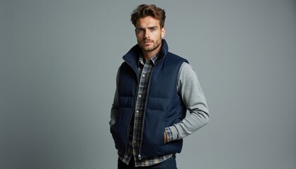 Fototapeta premium Man wears navy puffer vest over plaid shirt and grey long sleeve. Hands in pockets, looking forward. Casual urban style, modern fashion, outdoor wear.