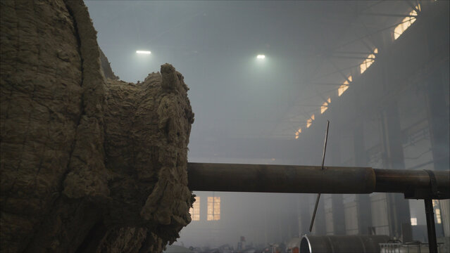 insulated industrial pipe in foggy factory warehouse