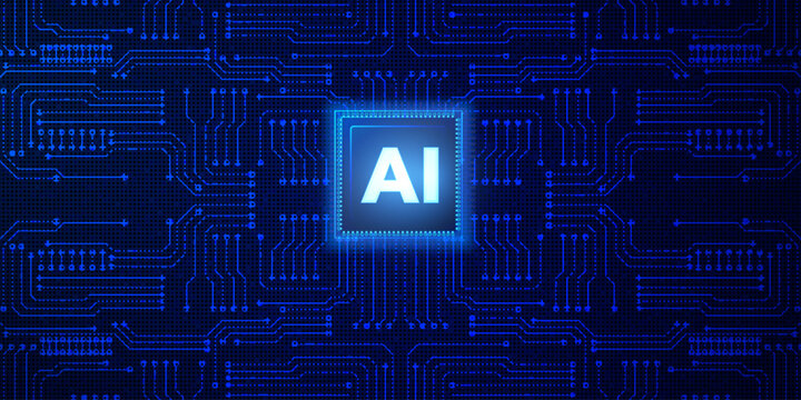 AI chip at center of complex blue digital circuit board with binary code.