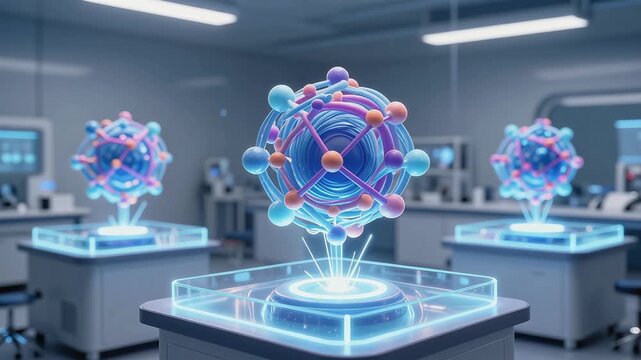 Futuristic Laboratory with Holographic Atomic Model Display