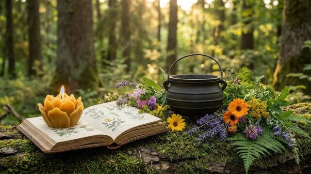 Burning flower candle, vintage book, witch cauldron and colorful flowers in a forest, midsummer ritual and herbal study concept with green witch atmosphere, seasonal woodland still life, natural