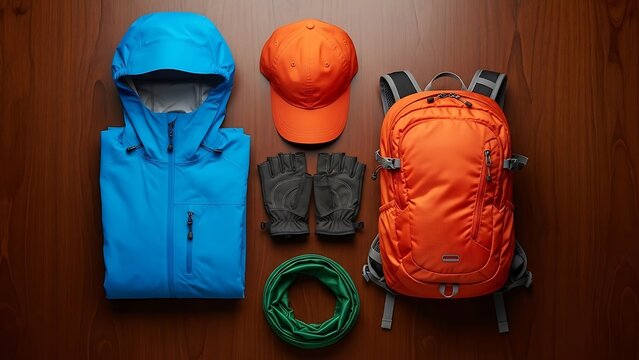 Flat lay of outdoor gear jacket, hat, gloves, backpack, and neck gaiter on a wood surface