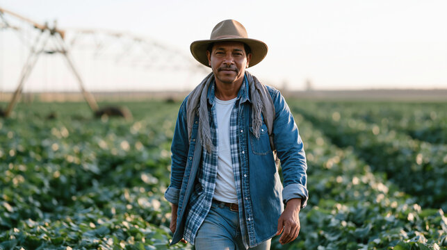 A Brazilian farmer walking through a lush green crop field with a center pivot irrigation system in the background, representing fertigation benefits, healthy plants, rural landscape.