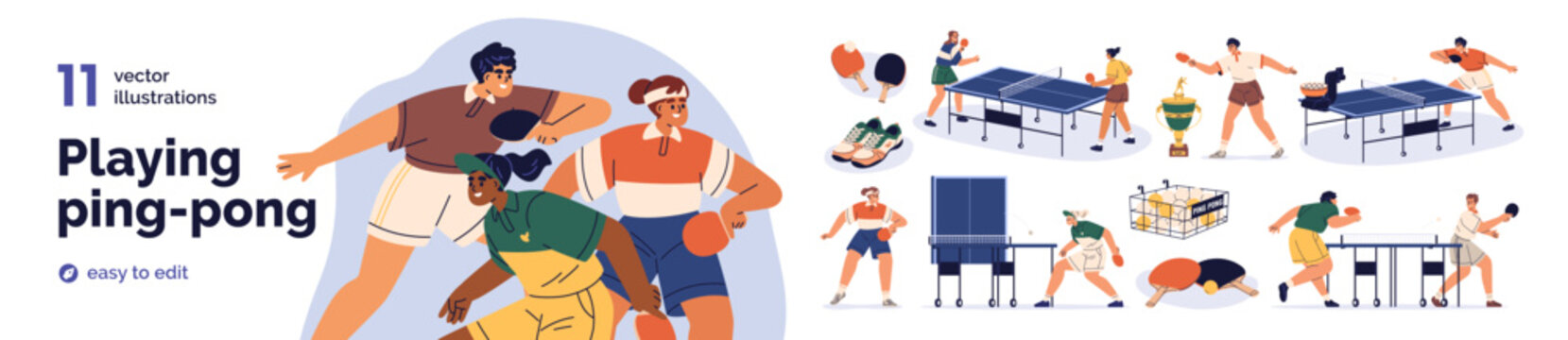 Playing ping-pong set. Table tennis, indoor sport game. Pingpong players, male and female athletes training. Match with rackets and balls. Flat vector illustration isolated on white background