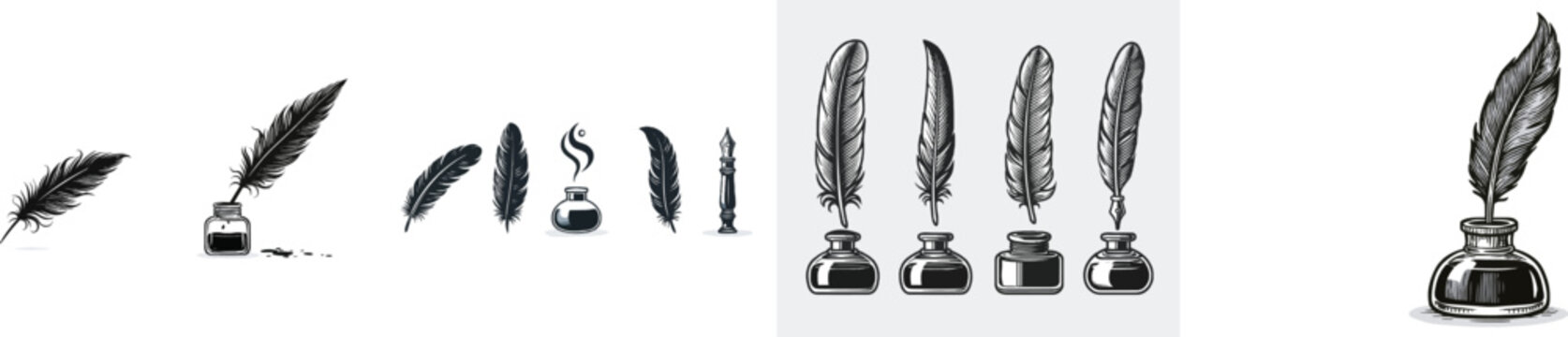 A minimalist sketch of a feather quill pen with an inkwell and spilled ink droplets on a stark white background, rendered in high-contrast vector art