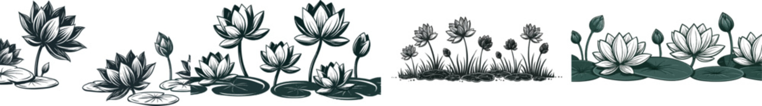 A serene aquatic scene features delicate black lotus flowers and lily pads on a crisp white background, bordered by a continuous repeating pattern of solid black line art, ideal for clean vector