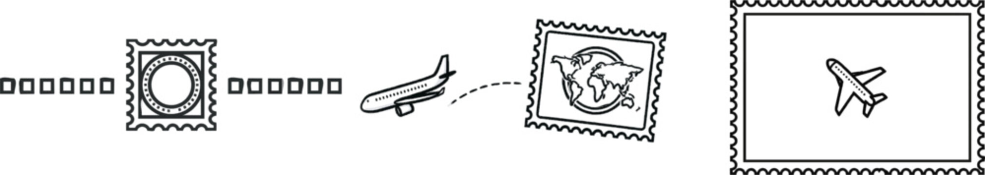 A seamless black line art passport stamp border trim with crisp white background, featuring a circular center and sharp detailed contours, ideal for clean vector tracing in global travel designs