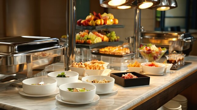 A luxury hotel buffet table is elegantly arranged with fresh fruits, pastries, and gourmet dishes. Polished chafing dishes and marble countertops create a high-end dining atmosphere.