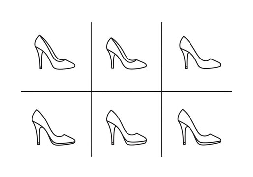 High heel shoe icons set in grid layout with various side views for fashion and design projects