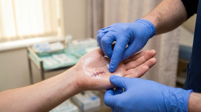 Medical professional examining surgical sutures on a patient palm