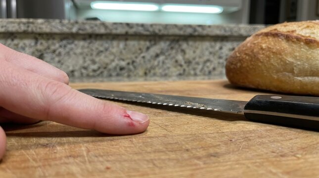 Person with cut finger after accident with bread knife