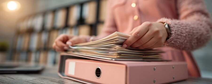 A woman flips through a thick binder of documents in a sunlit office. The scene captures realistic textures, modern business workflow, and organized paperwork.