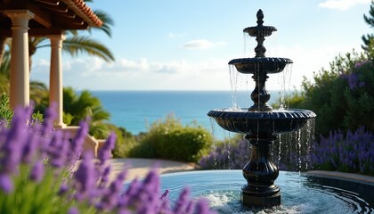 Obraz premium Ornate tiered water fountain in manicured garden setting with ocean backdrop. Purple flowers bloom near water feature and palm trees frame luxurious villa.